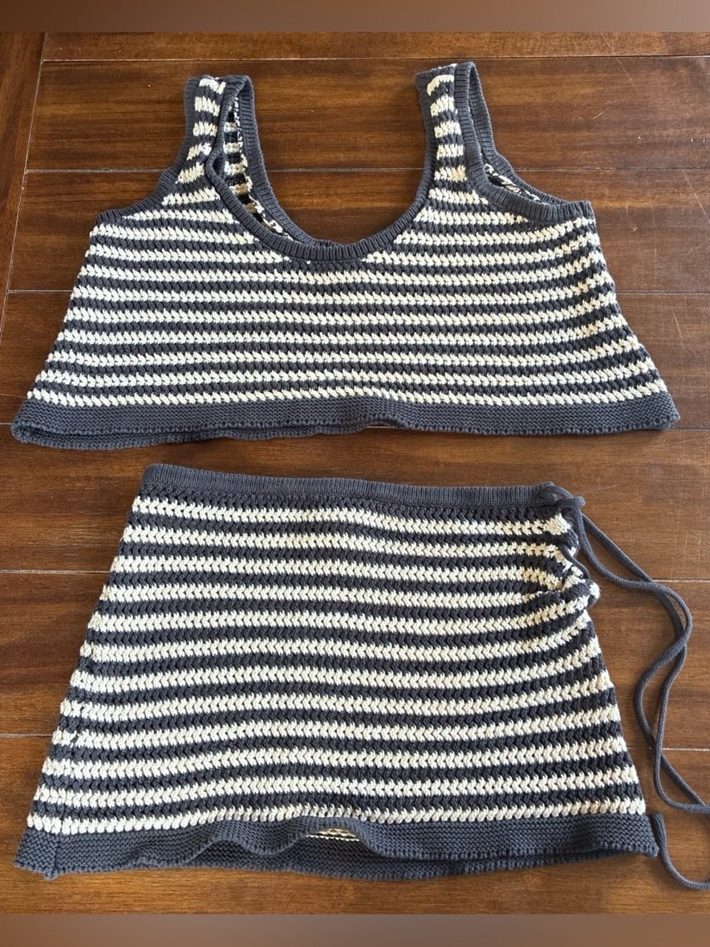 Billabong Striped Crochet Tank & Skirt Set - Grey and Cream